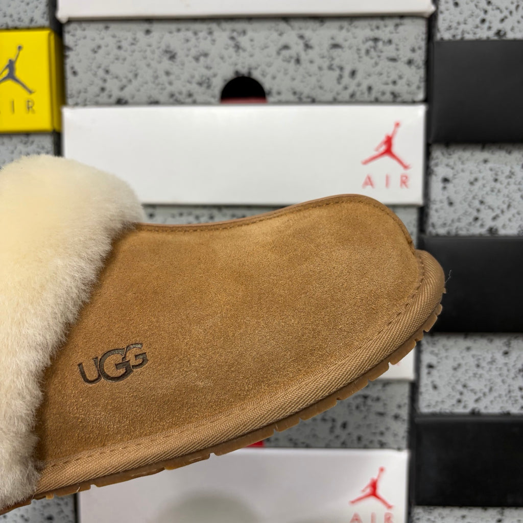 UGG Chestnut Open-Back Slippers with Cream Plush Collar