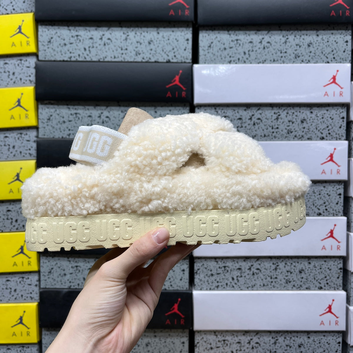 UGG Cream Beige Plush Cross-Strap Platform Sandals