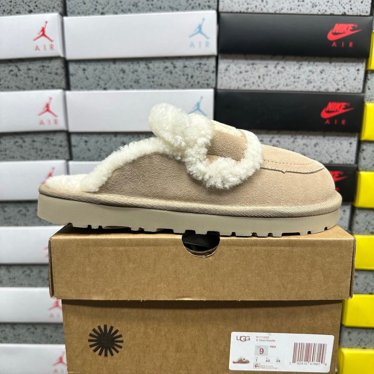 UGG Khaki Embroidered Mule Slippers with Cream Plush Trim