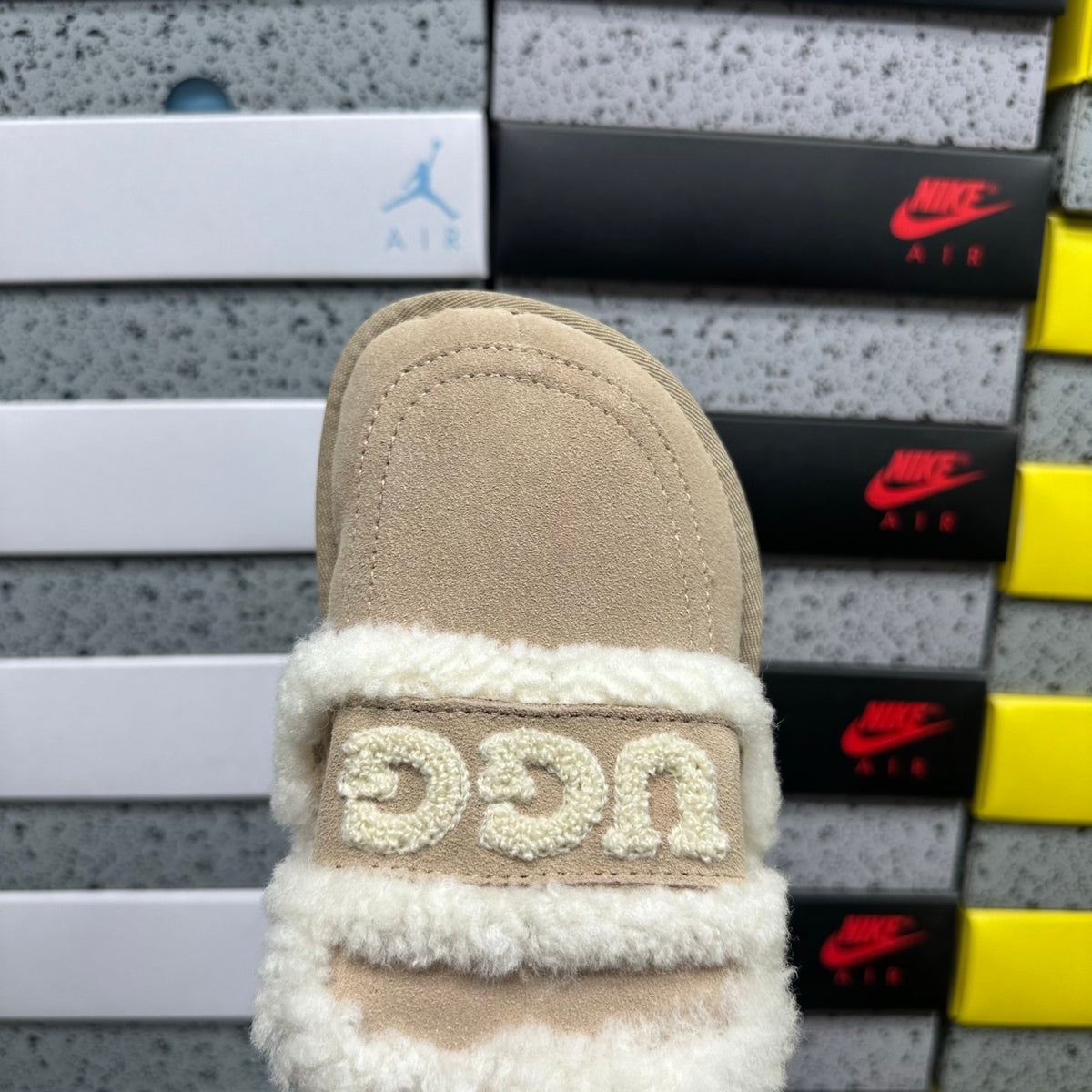UGG Khaki Embroidered Mule Slippers with Cream Plush Trim