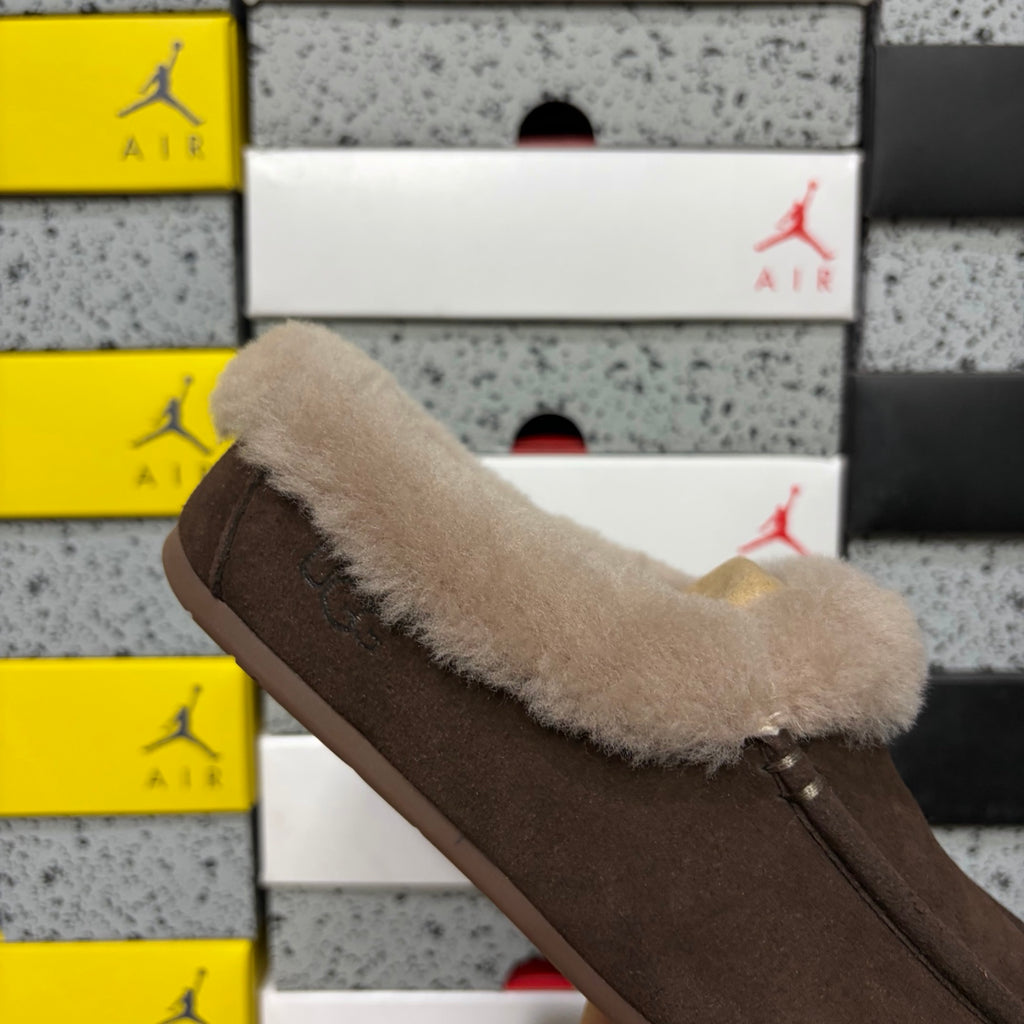 UGG Cocoa Brown Moccasin Slippers with Taupe Plush Collar