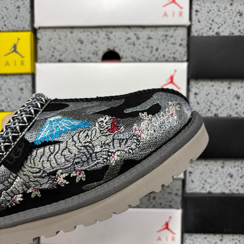 UGG Black Dragon & Tiger Embroidered Slip-On Shoes with Braided Trim