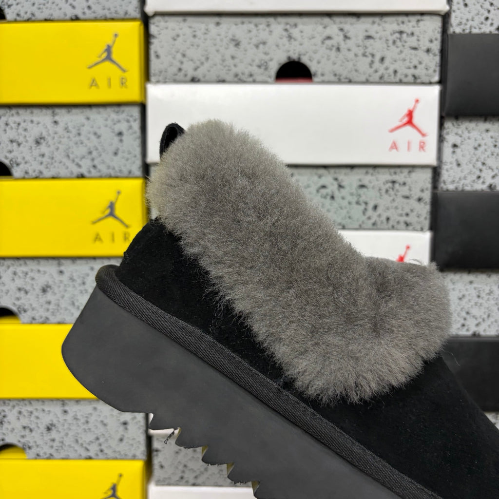 UGG Black Platform Slip-On Shoes with Gray Plush Collar