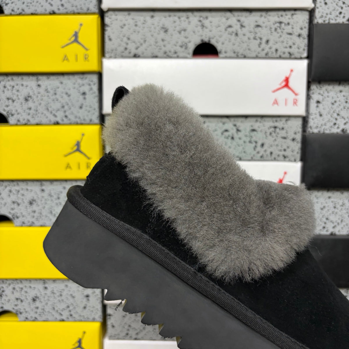 UGG Black Platform Slip-On Shoes with Gray Plush Collar