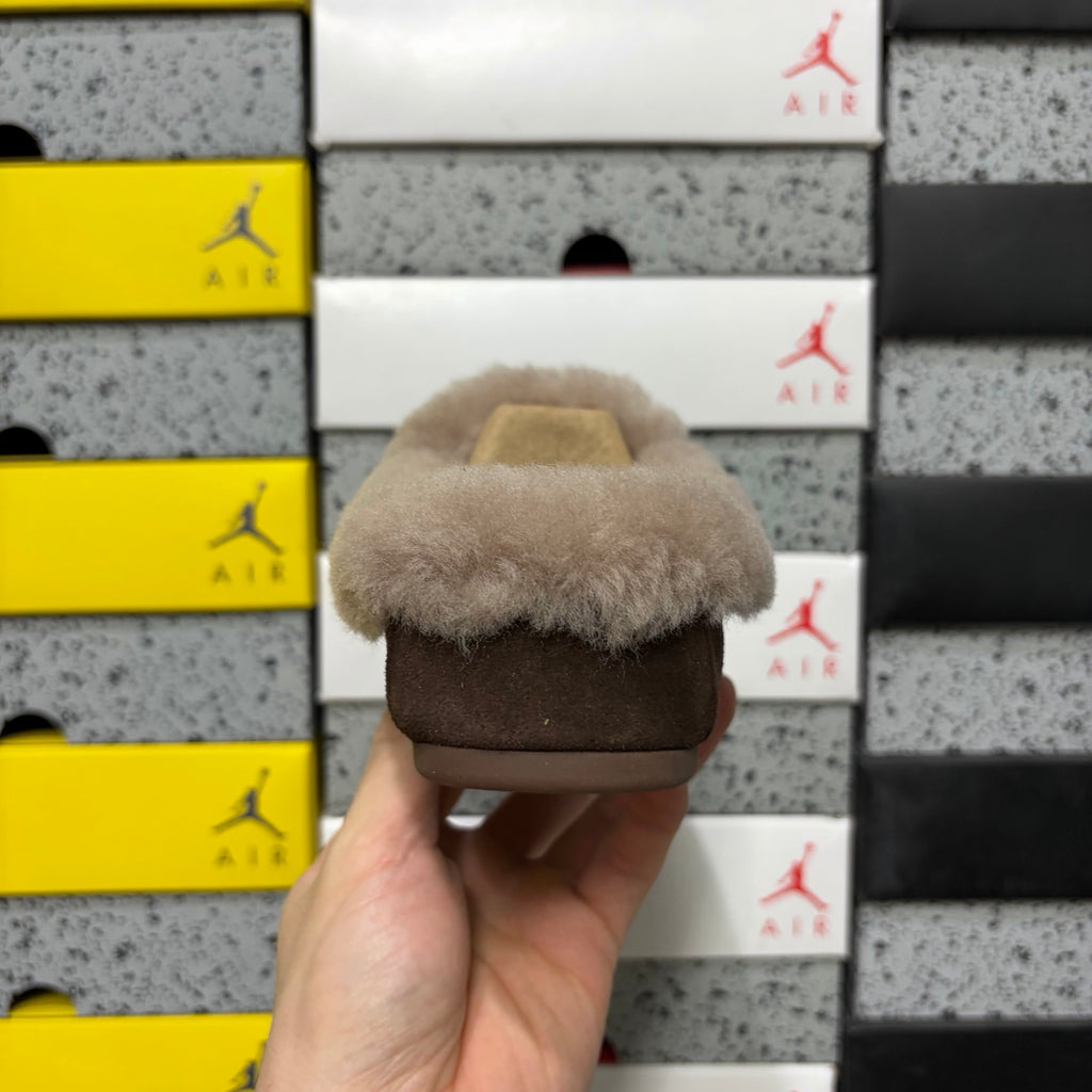 UGG Cocoa Brown Moccasin Slippers with Taupe Plush Collar