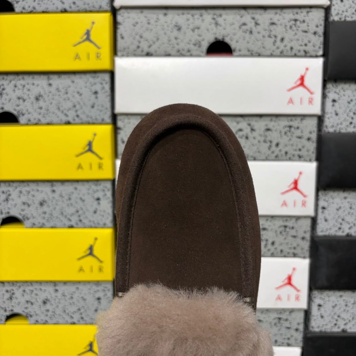 UGG Cocoa Brown Moccasin Slippers with Taupe Plush Collar