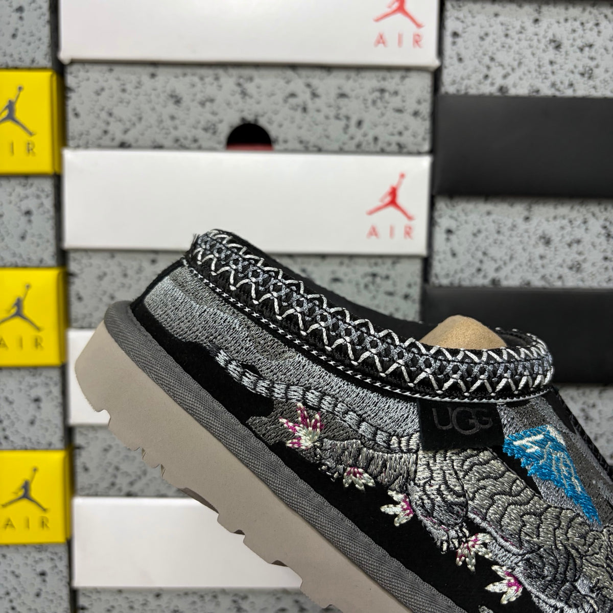 UGG Black Dragon & Tiger Embroidered Slip-On Shoes with Braided Trim