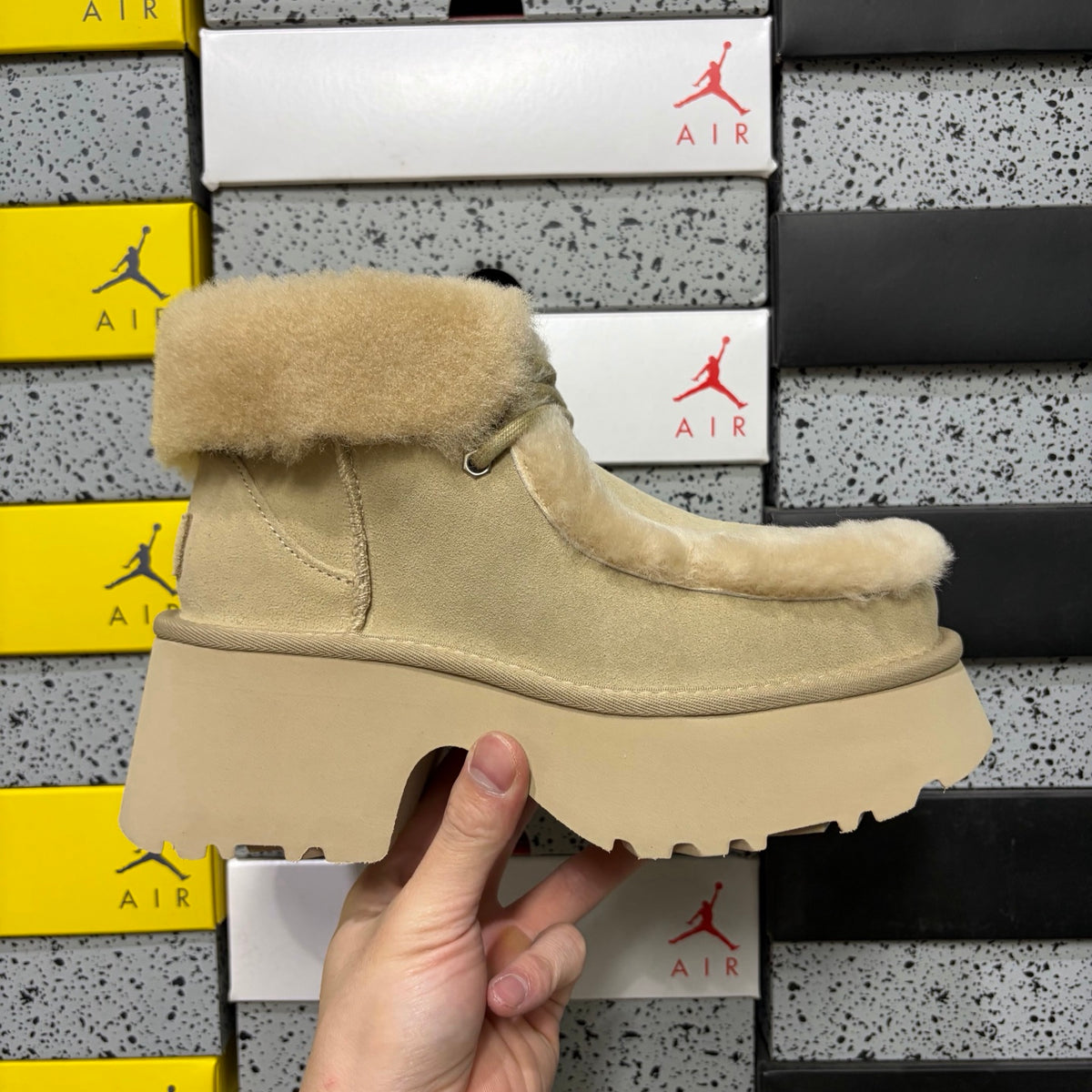 UGG Sand Lace-Up Platform Ankle Boots with Plush Trim