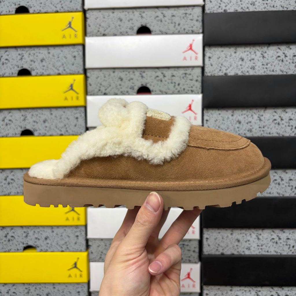 UGG Chestnut Embroidered Mule Slippers with Cream Plush Trim