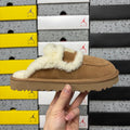 UGG Chestnut Embroidered Mule Slippers with Cream Plush Trim