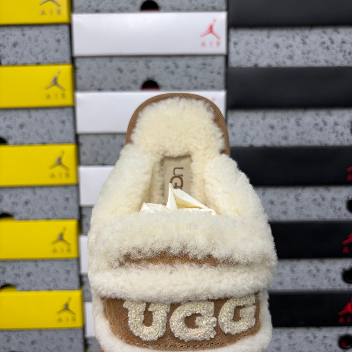 UGG Chestnut Embroidered Mule Slippers with Cream Plush Trim