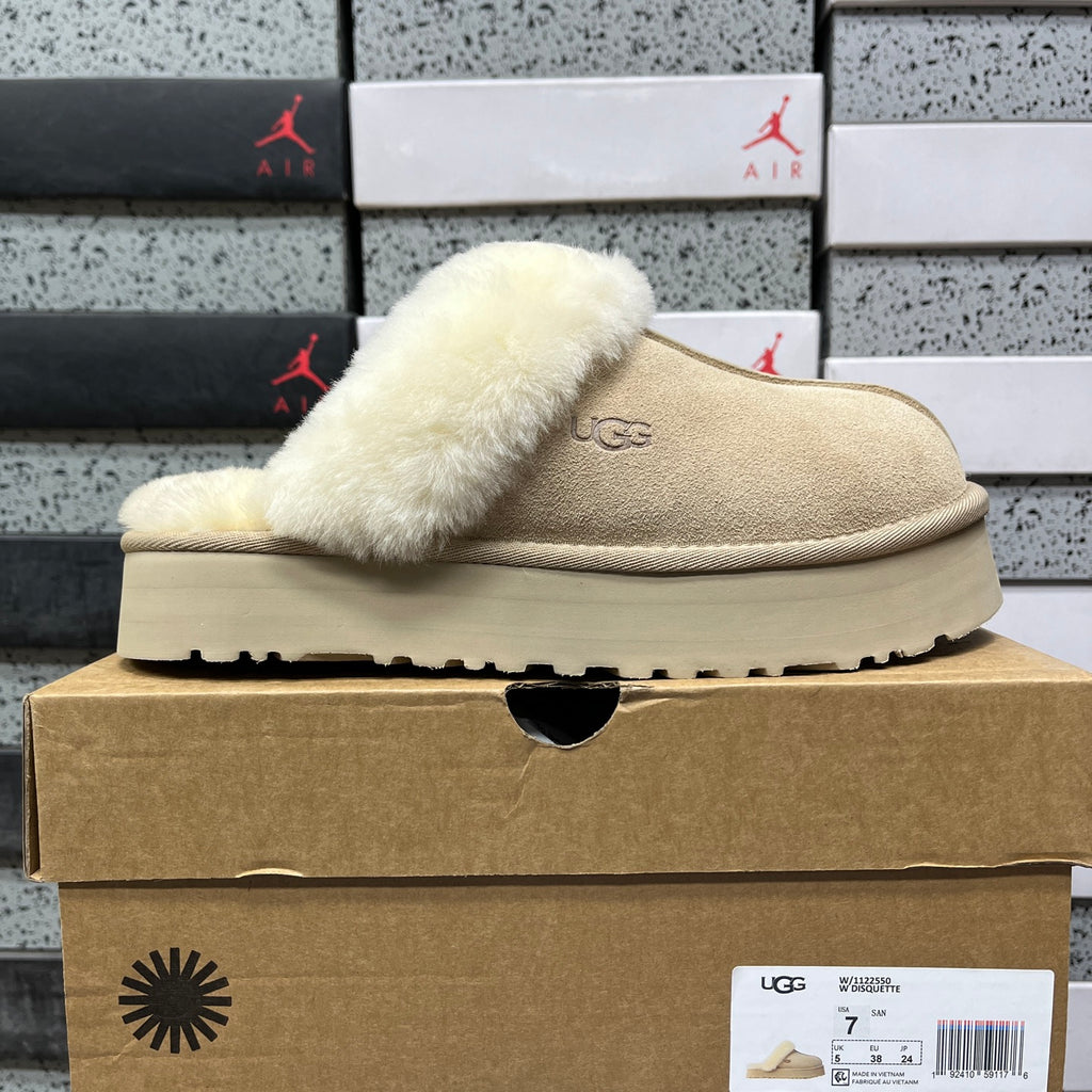 UGG Sand Beige Platform Slippers with Plush Trim
