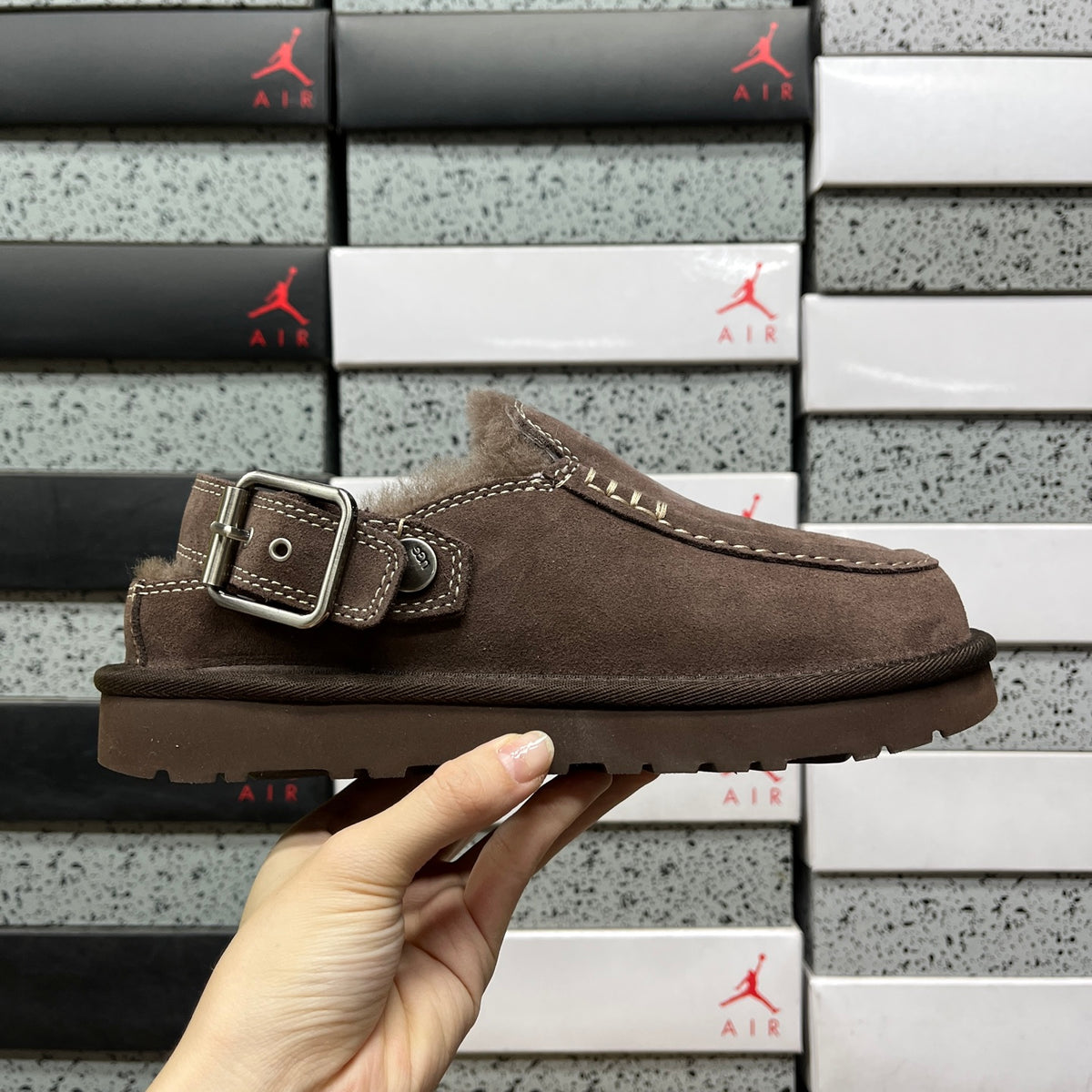 UGG Dark Brown Buckle-Strap Platform Clogs with Plush Lining