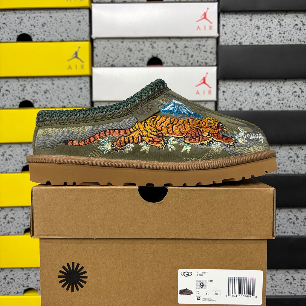 UGG Olive Green Dragon & Tiger Embroidered Slip-On Shoes with Braided Trim
