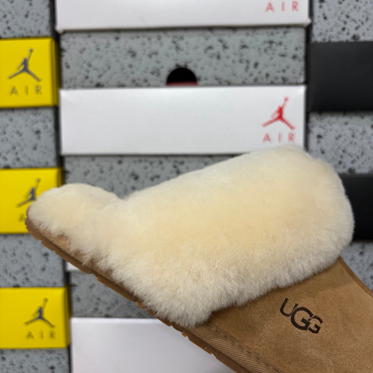 UGG Chestnut Open-Back Slippers with Cream Plush Collar