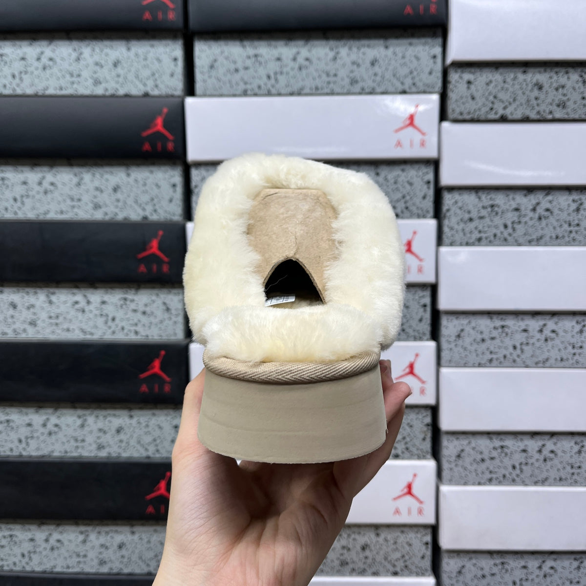 UGG Sand Beige Platform Slippers with Plush Trim
