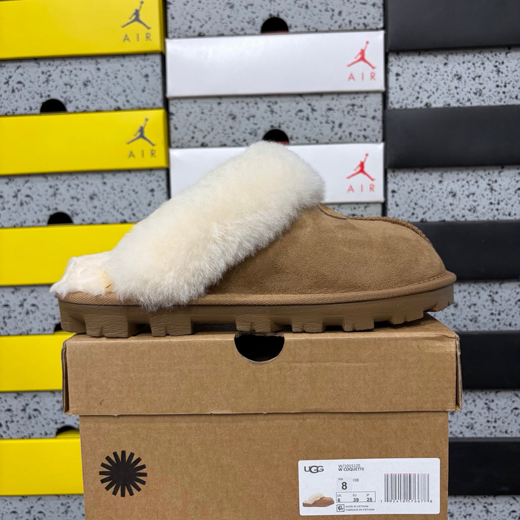 UGG Chestnut Open-Back Slippers with Cream Plush Trim