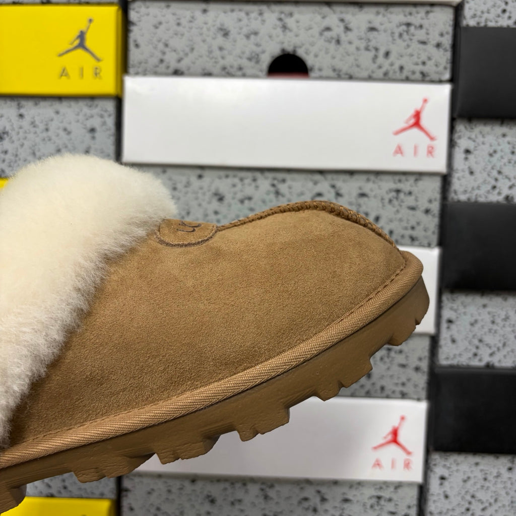 UGG Chestnut Open-Back Slippers with Cream Plush Trim