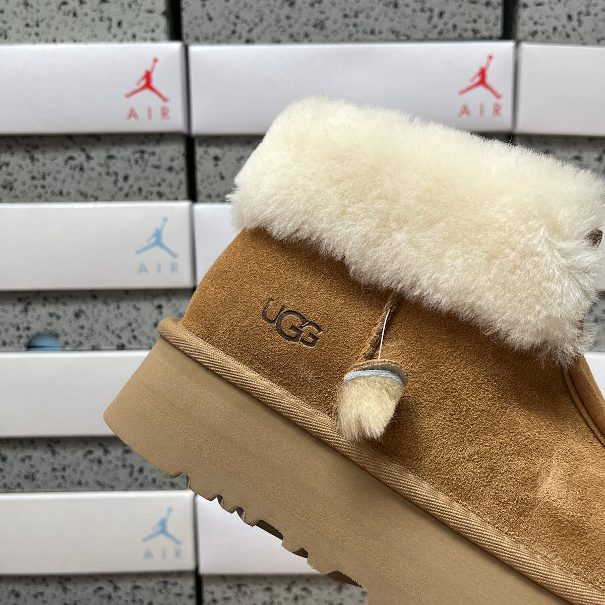 UGG Chestnut Platform Ankle Boots with Cream Plush Collar and Front Zip