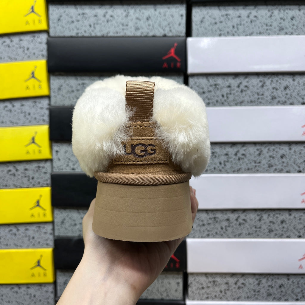 UGG Chestnut Tazzelle Platform Slippers with Cream Plush Collar