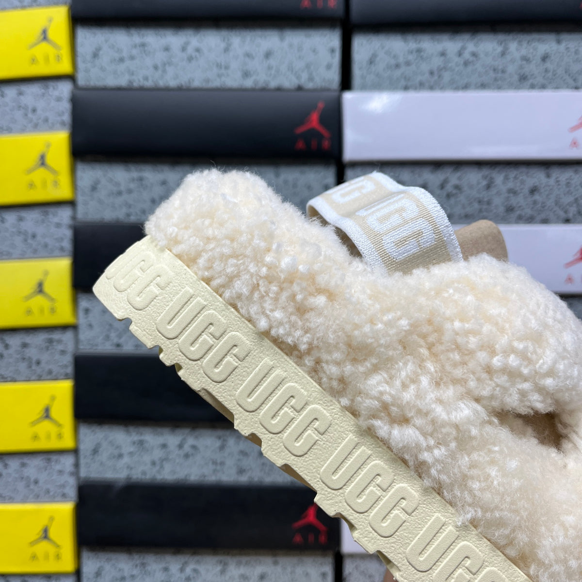 UGG Cream Beige Plush Cross-Strap Platform Sandals