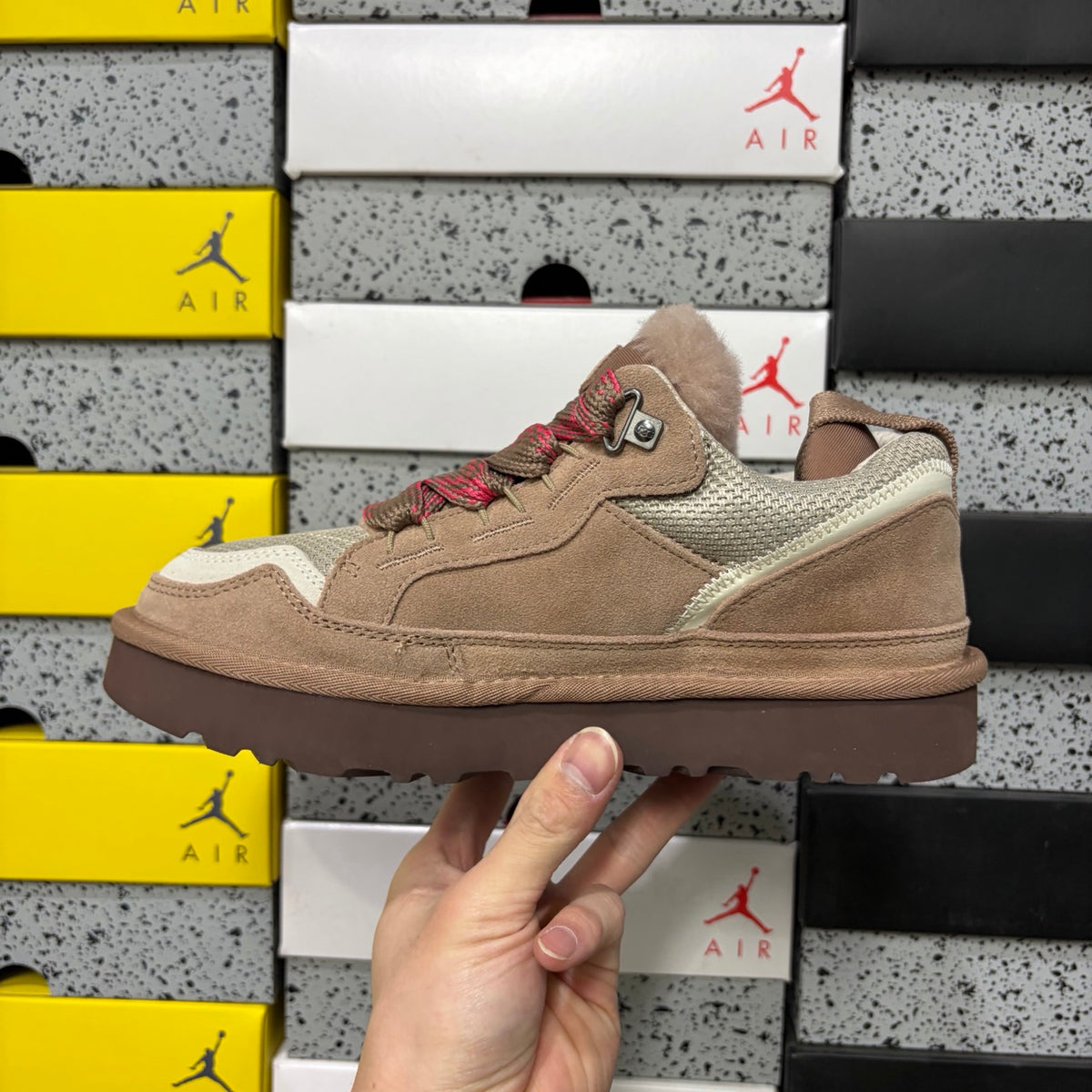 UGG Light Taupe Low-Top Sneakers with Red Patterned Laces