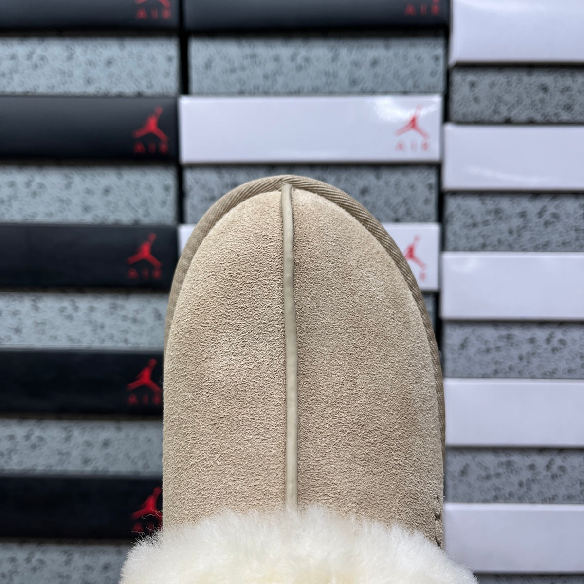 UGG Sand Beige Platform Slippers with Plush Trim