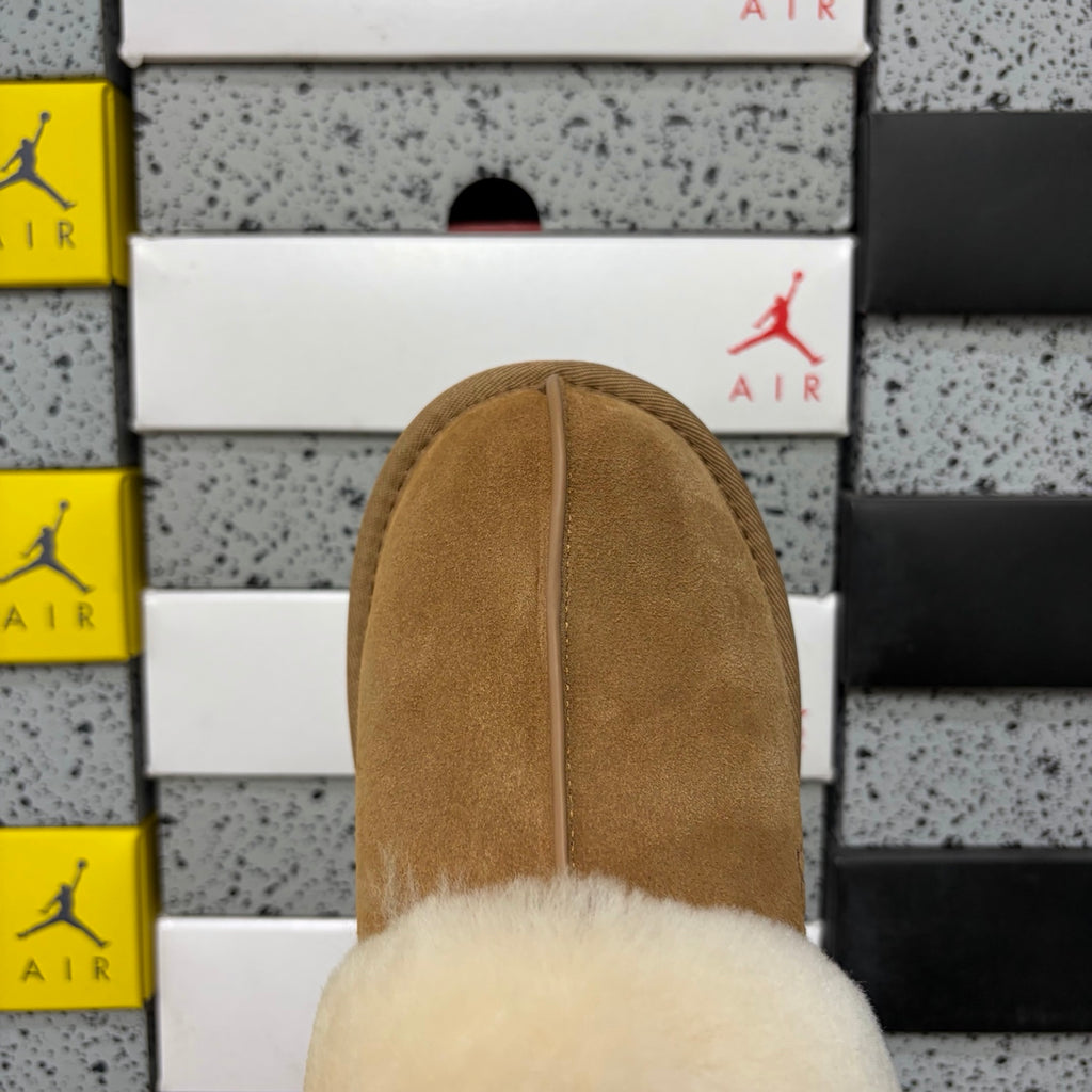 UGG Chestnut Open-Back Slippers with Cream Plush Collar