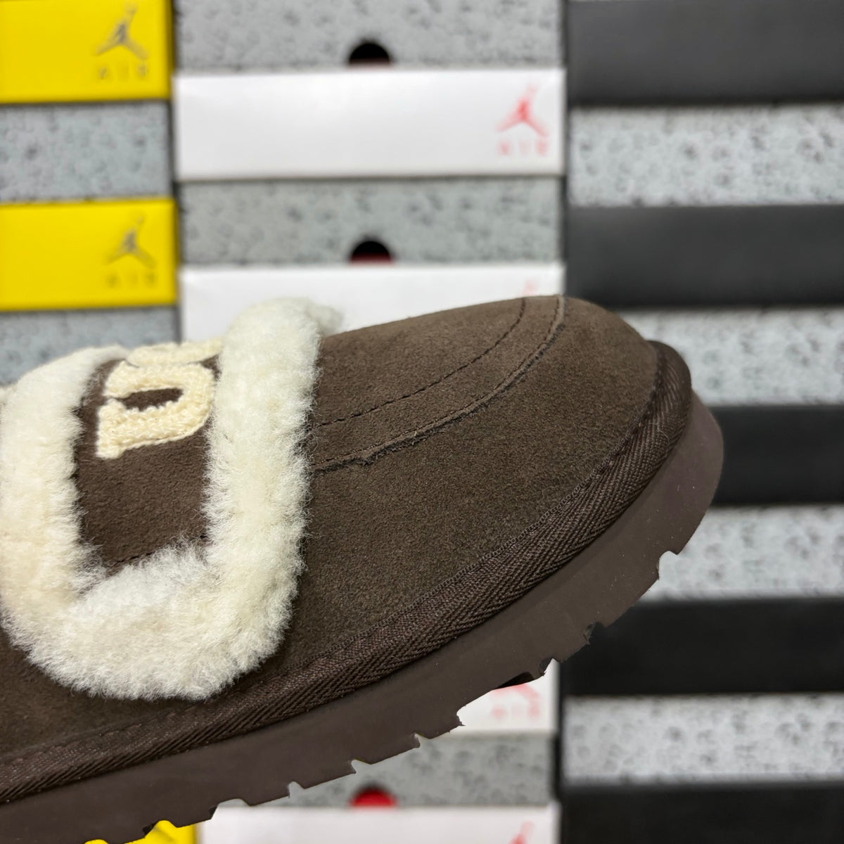 UGG Chocolate Brown Embroidered Mule Slippers with Cream Plush Trim