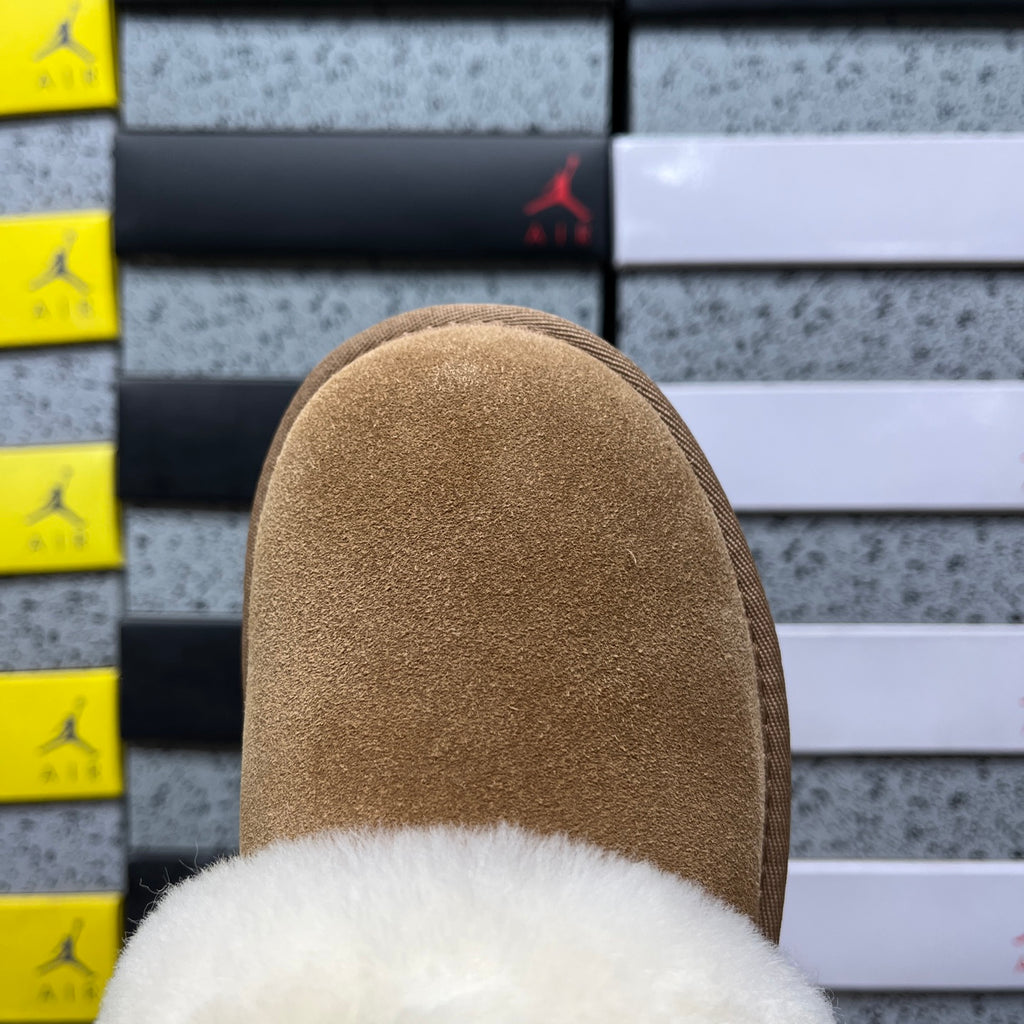 UGG Chestnut Tazzelle Platform Slippers with Cream Plush Collar